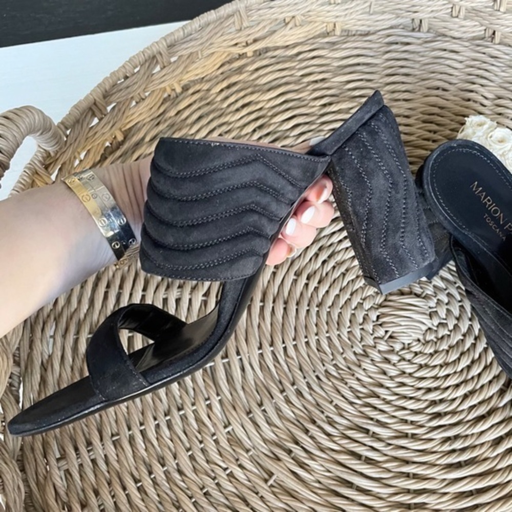 New Marion Parke BLACK Quilted Suede Leather Slide Sandals - Picture 9 of 15